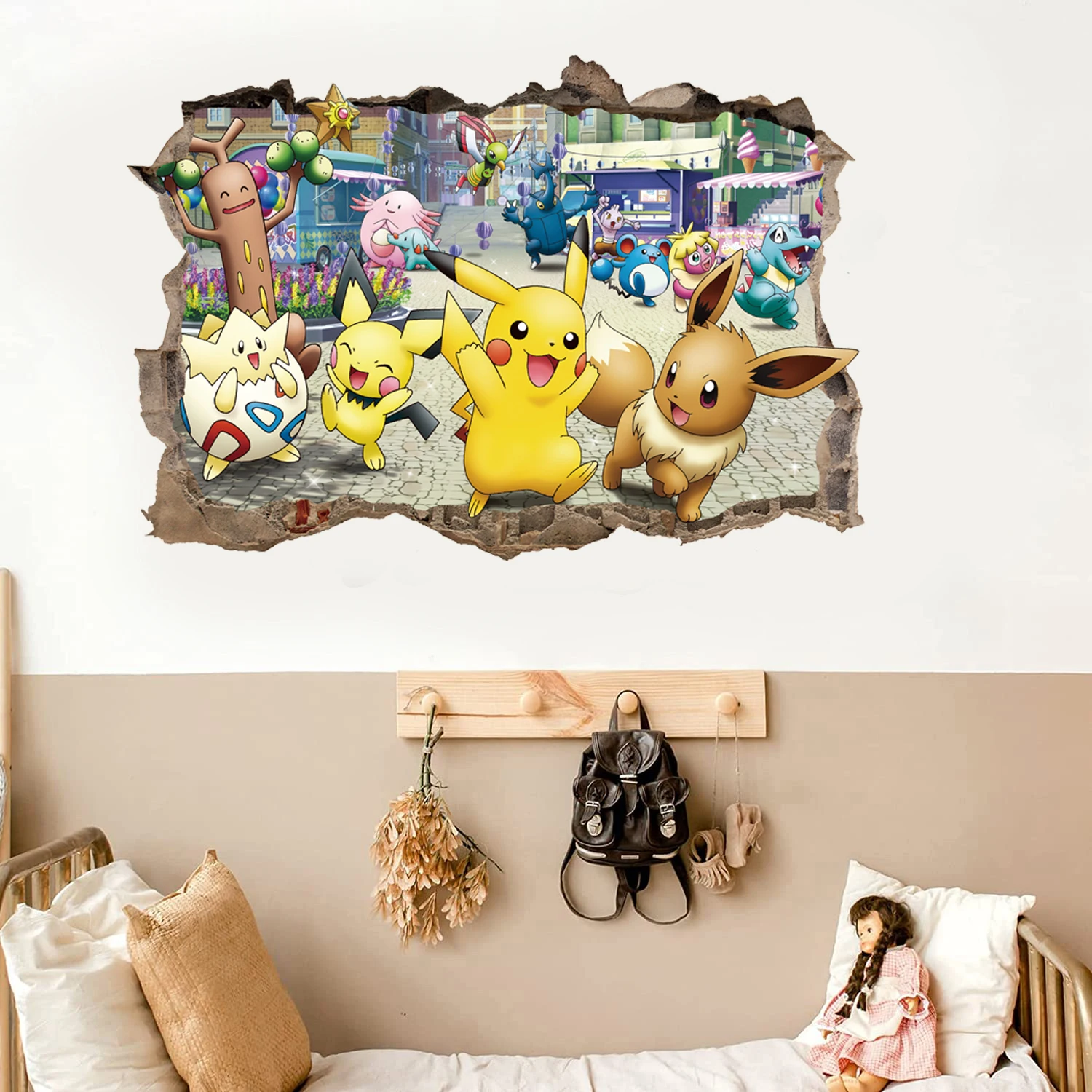 Pikachu z kreskówki naklejki ścienne do pokoju dziecięcego przedszkole salon dekoracja DIY na ścianę do dekoracji sypialni animowany plakat dekoracja sypialni