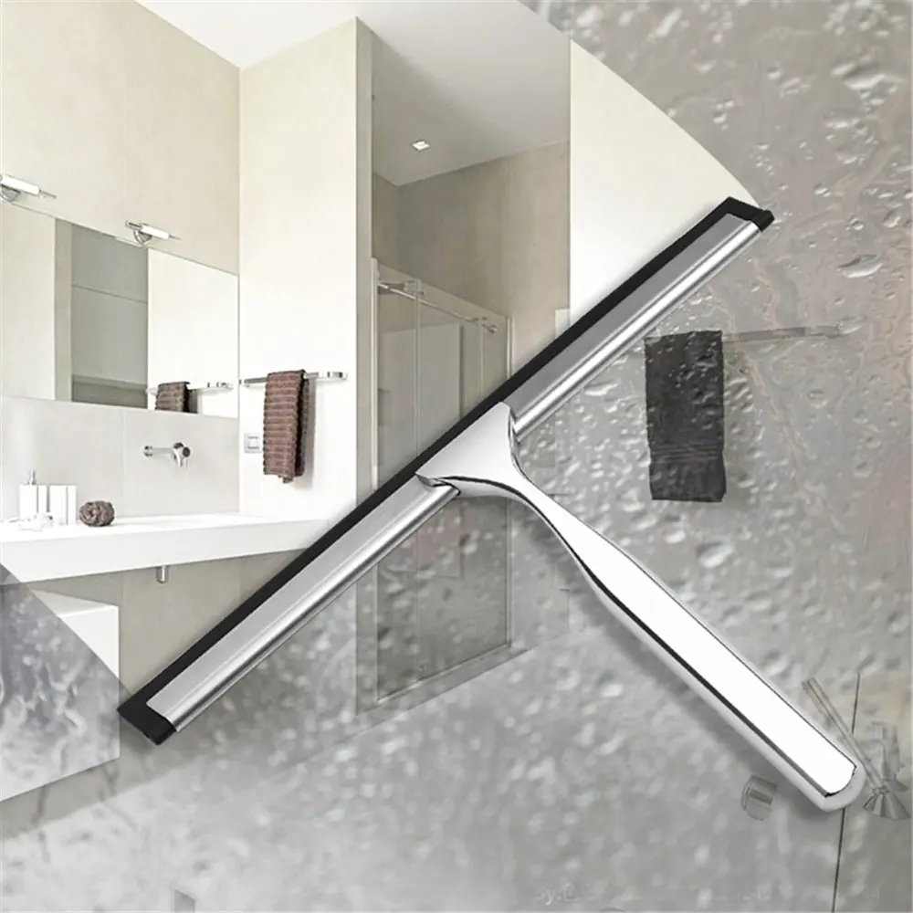 14'' INCH Shower Squeegee Stainless Steel Silicone Wiper Rubber Scrape Bathroom Cleaner Glass Door Hook Remove Stick Blade 3