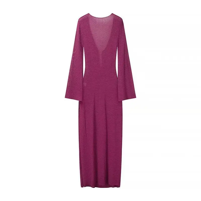 Vestido de otoño de punto calado para mujer, transparente, con escote en V, sin espalda, informal, para playa, vacaciones, maxivestido de punto, vestido de mujer nuevo