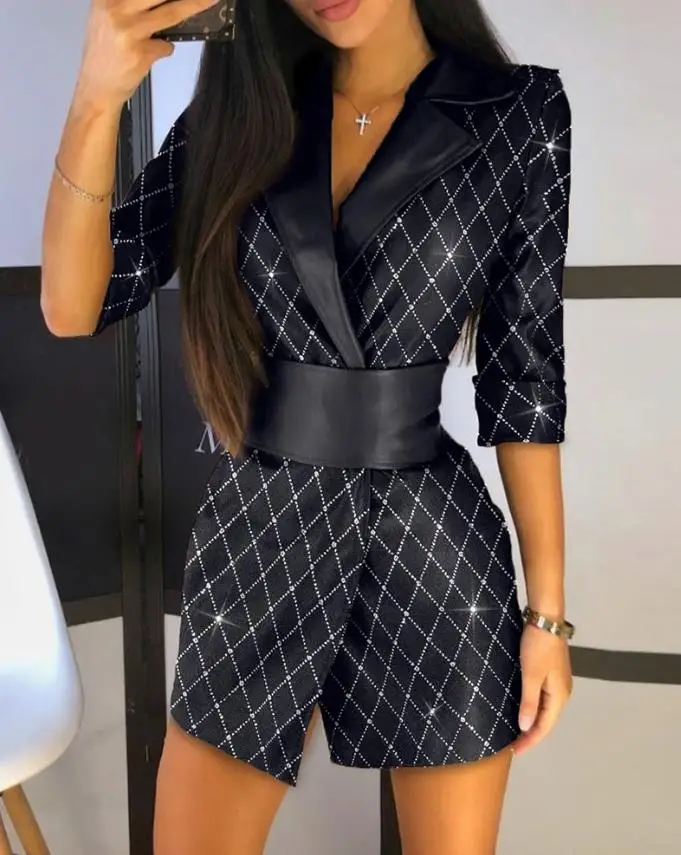 Le Donne Eleganti Motivo Scozzese In Pelle Pu Colorblock Glitter Blazer Dress Blazer A Maniche Lunghe Vestono Abiti Eleganti Neri Per Le Donne