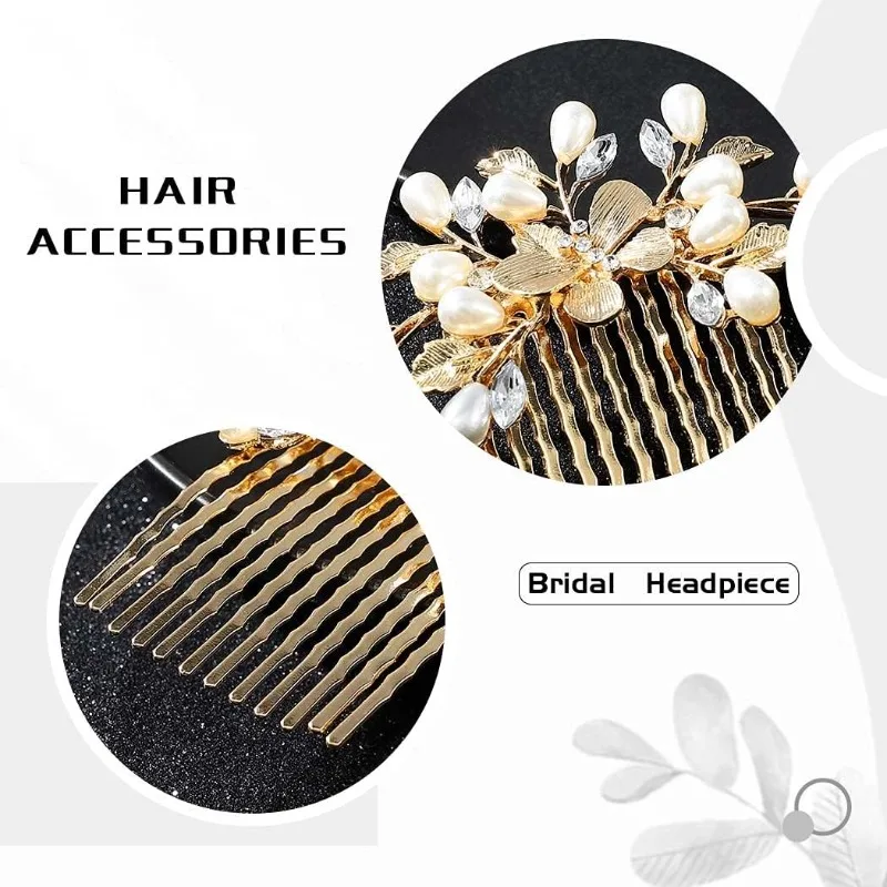 진주 신부 헤어 액세서리 여성과 소녀를 위한 잎 모양 헤어피스 신부 웨딩 헤어 빗 금색 머리 장식… (금색)