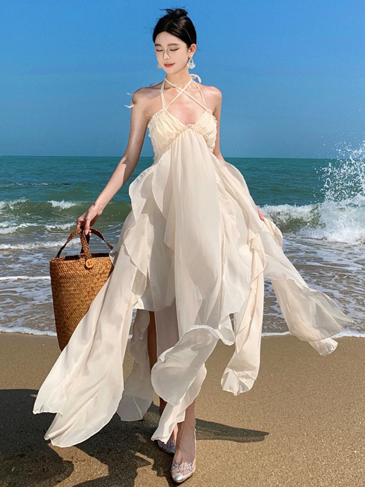 

Fashion Summer Long Vacation Dress Women Clothes Elegant Pretty Chic Sweet Sexy Halter Backless Maxi Holiday Robe Mujer Vestidos