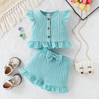 2-piece set of baby girl baby casual buttoned round neck small fly sleeve top and bow decoration shorts, daily wear, summer 1
