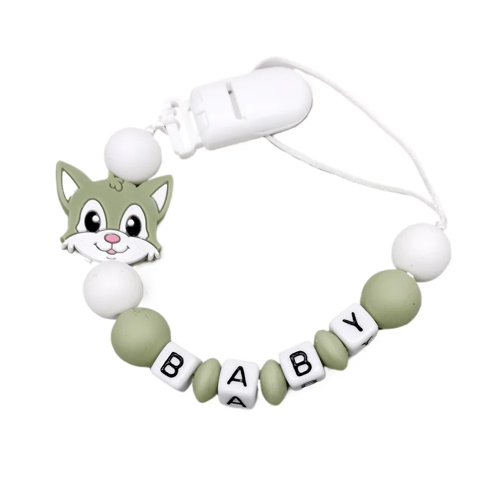 Gray White Baby Pacifier Leash with Silicone Animal Focal Beads Personalized Name Baby Accessory