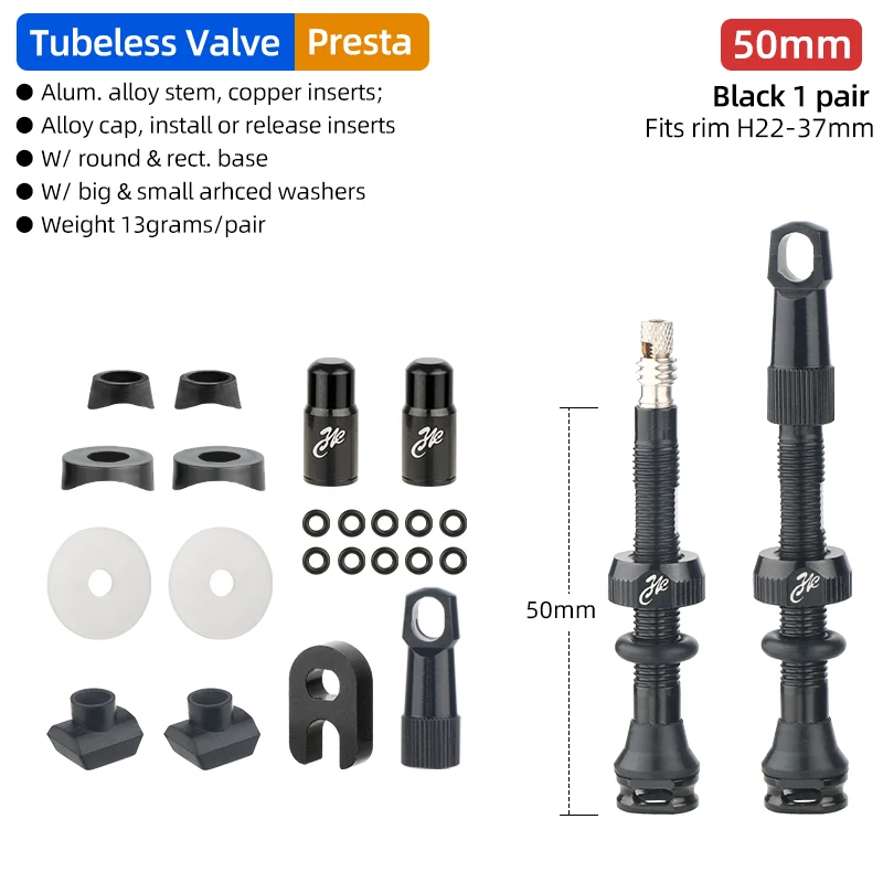 Tubeless Tire Valve for Carbon Rims with Detachable Brass Core and Cap - Multiple Sizes Available