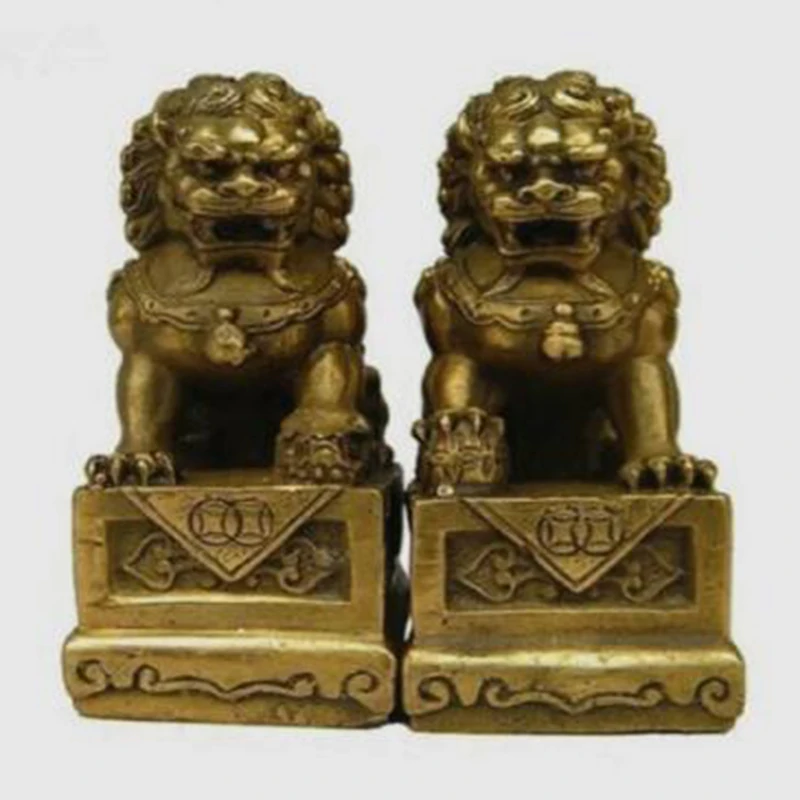 

Brass Folk Fengshui Fu Foo Dogs Guardion Door Lion Statue Pair 7cm Wish U Wealth