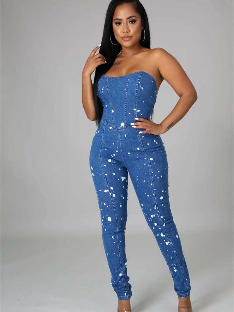 

Sexy Denim Strapless Jumpsuits for Women Summer Clothing Sleeveless Backless Bodycon Jeans Rompers Playsuits One Pieces Overalls