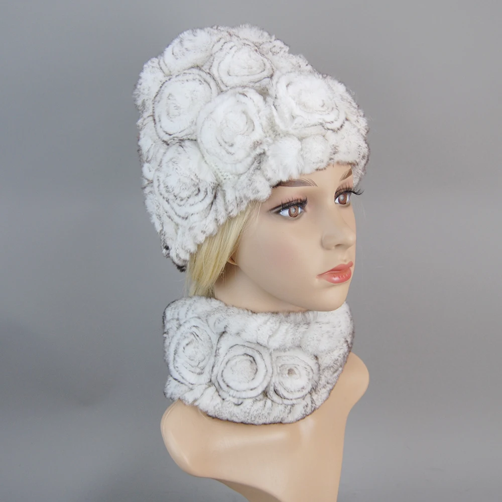 Fashion Girl Fur Cap Scarf Suit 100% Genuine