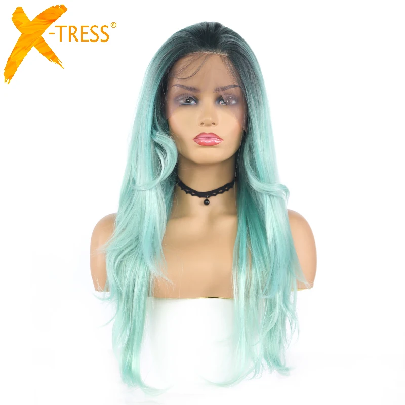 

Омбре зеленый блонд синтетические кружевные передние парики 13X4 фронтальные волосы парик для черных женщин бесплатная часть X-TRESS длинные волнистые волосы