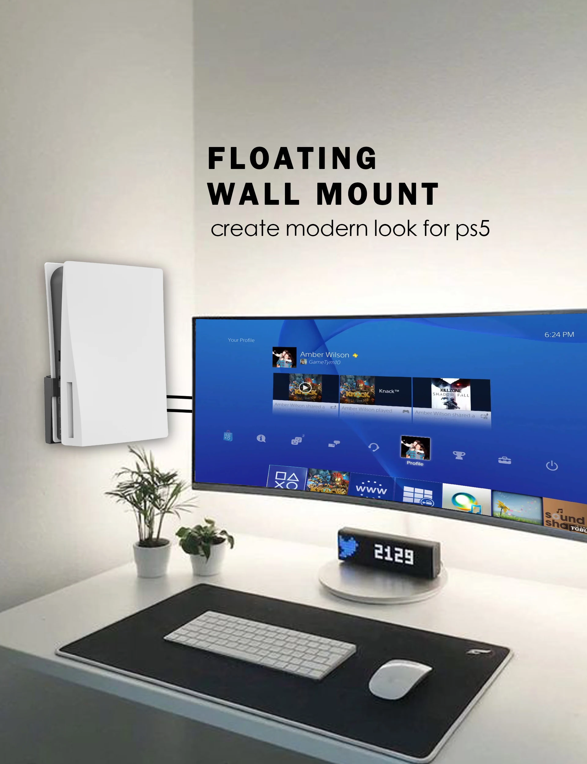 Monzlteck New Wall Mount for  PS5( Disc and Digital),All Metal Vertical Hanging on Wall Space Saver Easy to Install