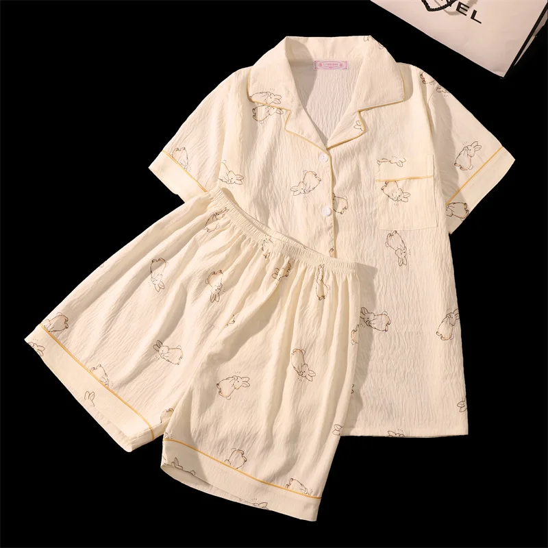 프린트 토끼 귀여운 카와이 여성 잠옷 세트, 2 피스 잠옷, 캐주얼 잠옷, 라운지웨어 의상, 여성 세트, 여름 