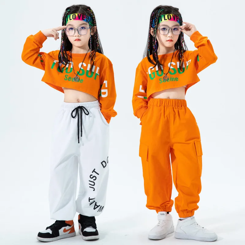 

Girls Hip Hop Crop Top Orange Cargo Pants Kids Loose Joggers Street Dance Clothes Sets Children Jazz Streetwear Stage Costumes