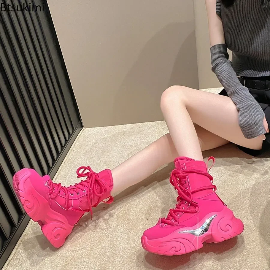 New 2024 Women's Chunky Platform Motorcycle Boots Women Solid Lace Up Thick Bottom Shoes Woman Autumn Winter Punk Ankle Booties
