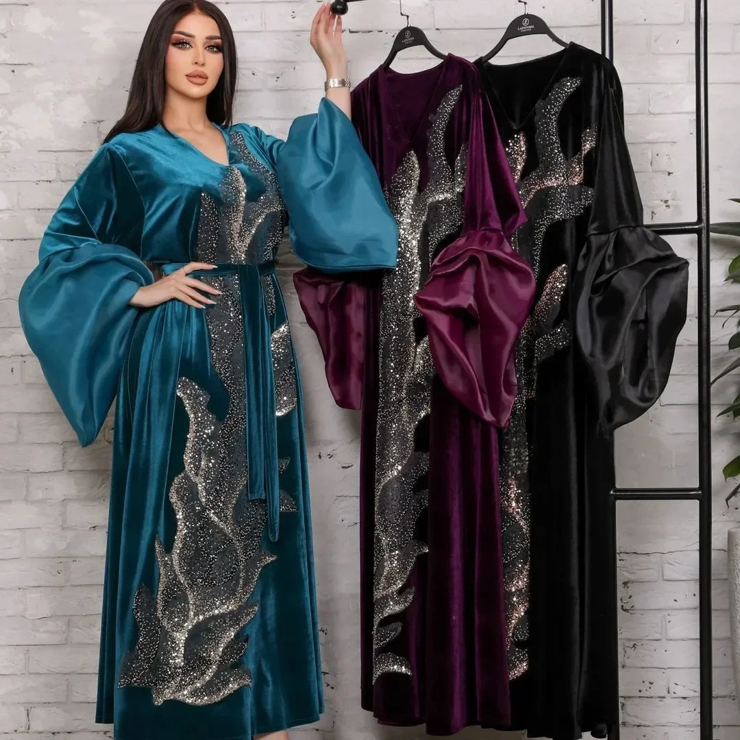 Velvet Autumn Winter Casual Sequins Puff Sleeve V-Neck Dubai Dress with Sashes Moroccan African Women Kaftan Ramadan Abaya Femme