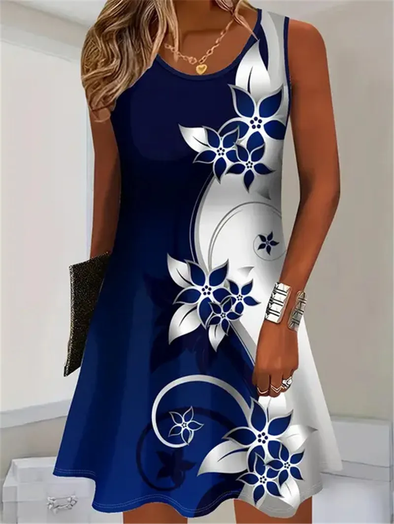Fashion Floral Pattern Women Mini Dresses Summer Sleeveless Flower 3D Print Street Trend Ladies Dress 3XL Plus Size Casual Dress
