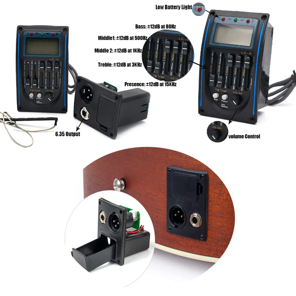 Guitar 5 Band EQ Preamp Set Automatic Tuning Amplifier Tuner Piezo Pickup Equalizer System Accessories Kits