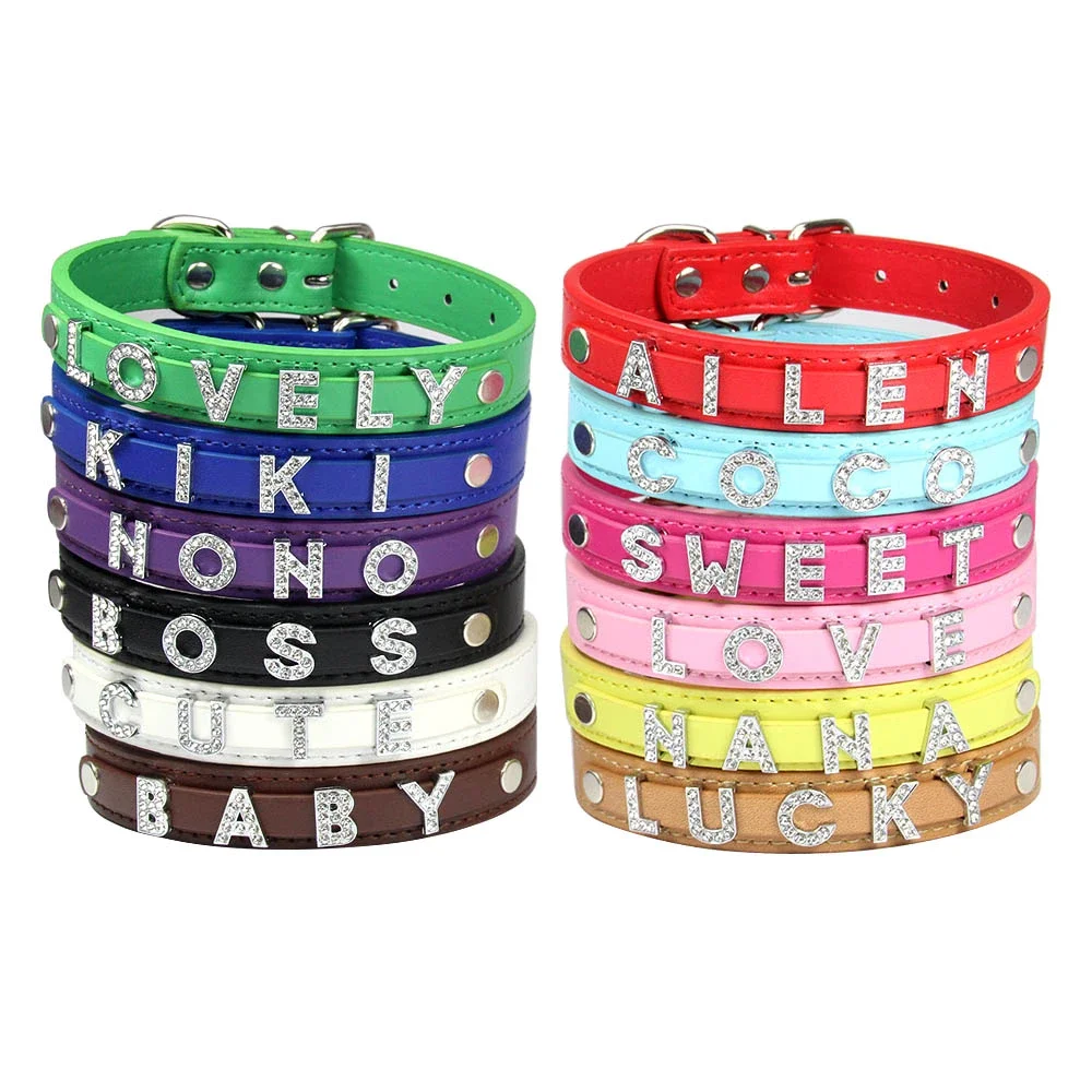 24 PCS Wholesale Plain PU Leather DIY Name ID Dog Collar Custom Letters Charms Puppy Cat Neck Strap Collars for Small Medium Dog