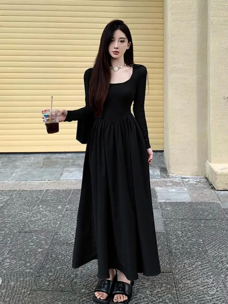 Beige Square Neck Elegant Pleated Dress Women Black Long