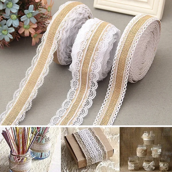 2Meter/Roll Hessian Burlap Ribbon Accessories Rolls Decoration Wedding Vintage Lace Ornament