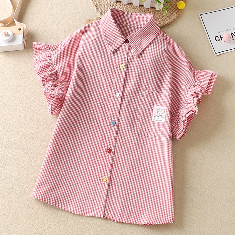 Girls Students Shirts for Children School Uniform Short Sleeve Toddlers Girls Plaid Blouses Summer Baby Clothes Tops 6 8 10 12 Y