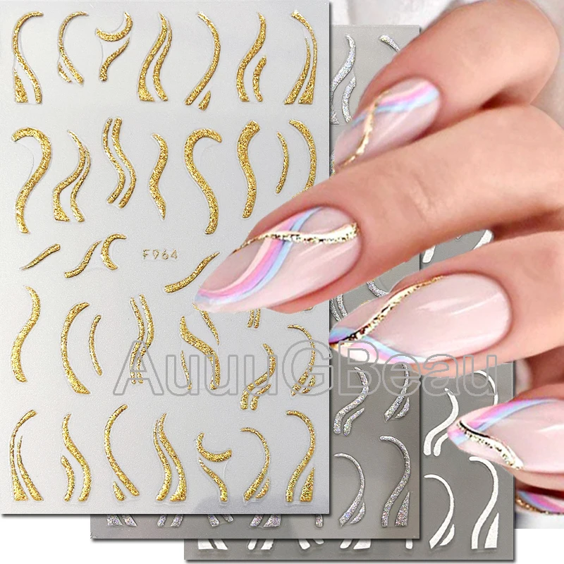 

3d Nail Art Gold Glitters French Swirl Strip Star Heart Adhesive Sliders Nails Stickers Accessories For Decorations Tips Beauty