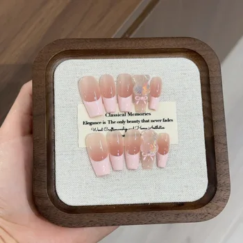10PCS Cute Handmade Fake Nail Sweet Pink French with 3D Rabbit Decoration Medium Coffin Glossy Press on Nail Full Cover Wearable