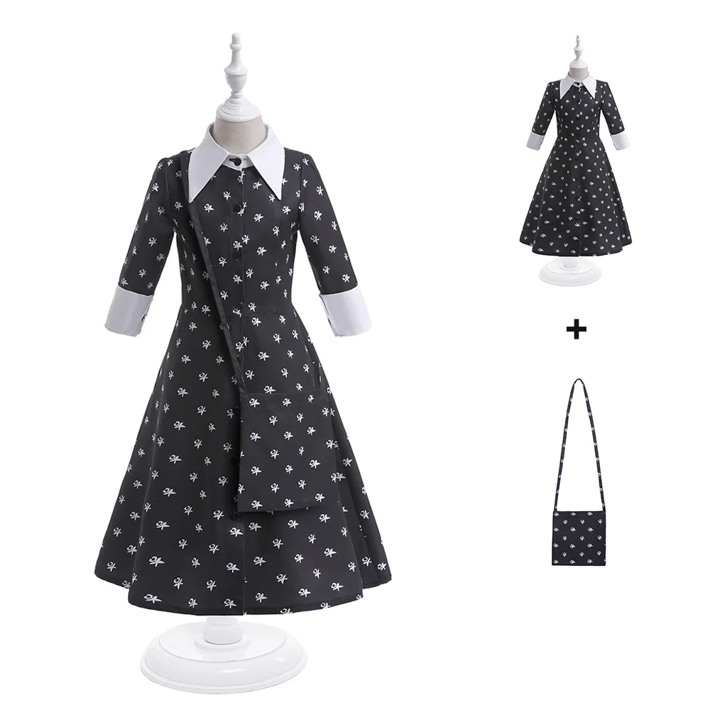 

Movie Wednesday Cosplay Dresses Costume and Bag for 4-10 Years Old Gothic Dot Long Sleeves Kids Children Halloween Party Gowns
