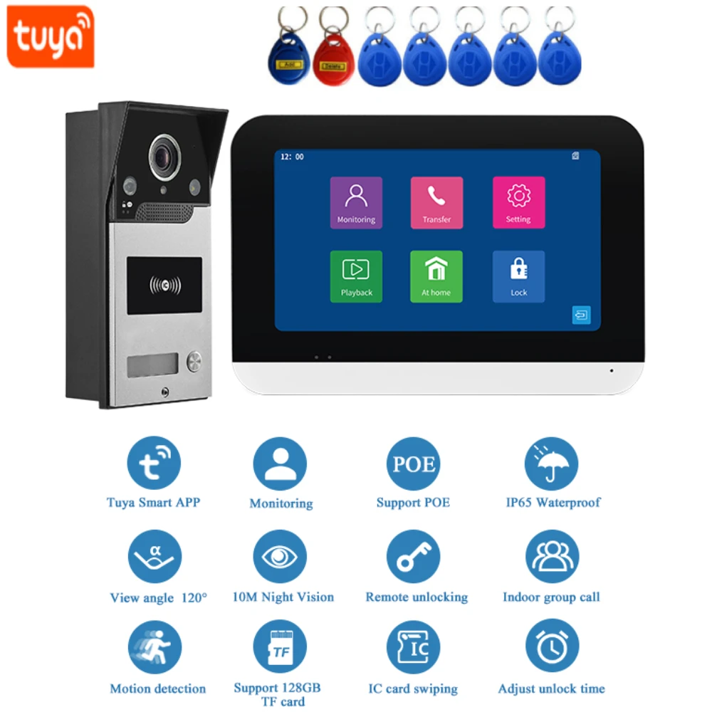 

TUYA Wireless Wifi Video Doorbell 1080P 7 Color Touch Screen Smart APP Home Intercom Kit for NFC Access Control System