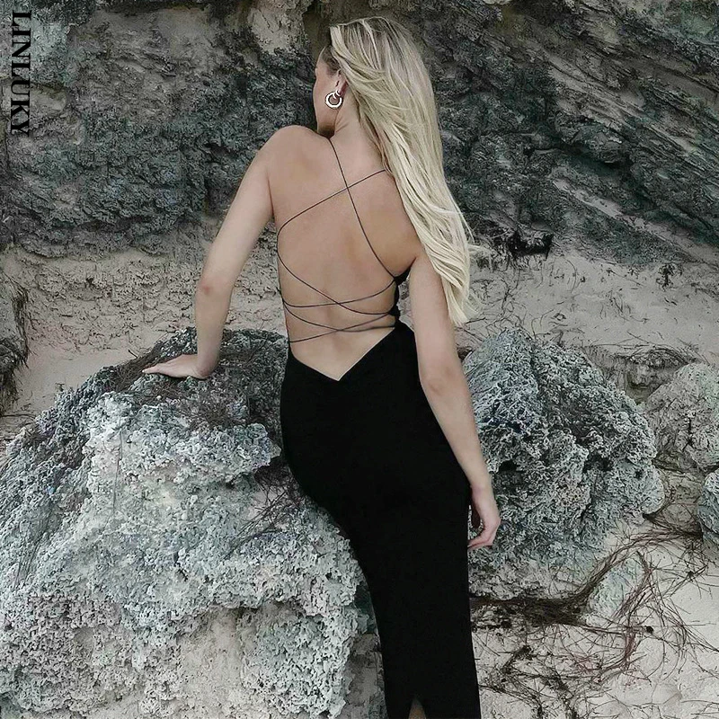 

2022 Summer New Fashion Sexy Backless Dress For Women Slim Slit Suspender Club Party Midi Dress Woman Clothing