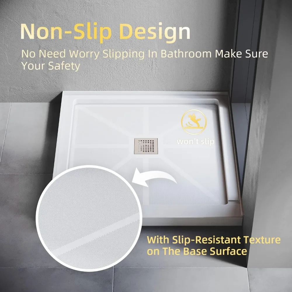 Center Drain Shower Base 36" L X 36" W X 4" H, with Brushed Nickel Cover, Single Threshold Anti-slip Acrylic Shower Base