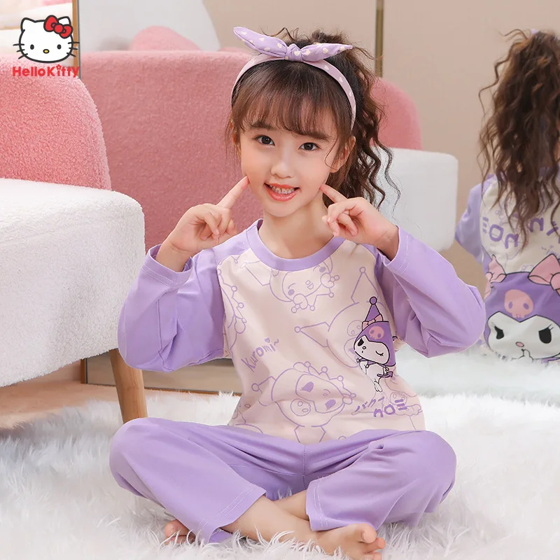 

Anime Sanrio Kuromi Hello Kitty Fall Children Pajamas Cartoon My Melody Girl Long Sleeve Round Neck Casual Pajamas Two Piece Set