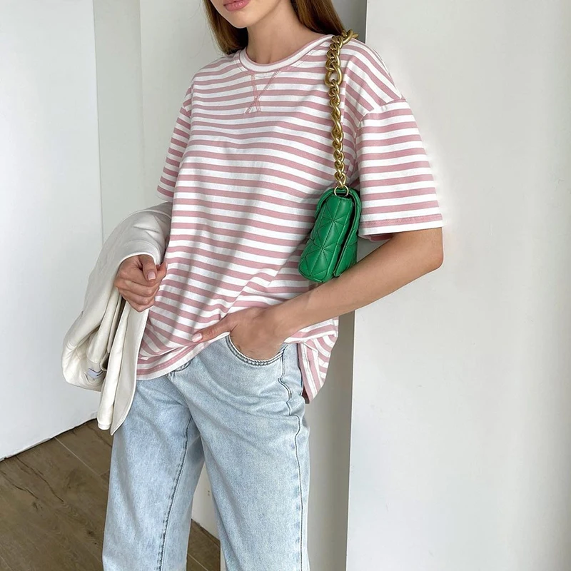 WOTWOY Summer Short Sleeve Striped T-Shirts Women Knitted Basic Casual Tops Female Cozy Loose Cotton Tees 2023 Harajuku Shirt