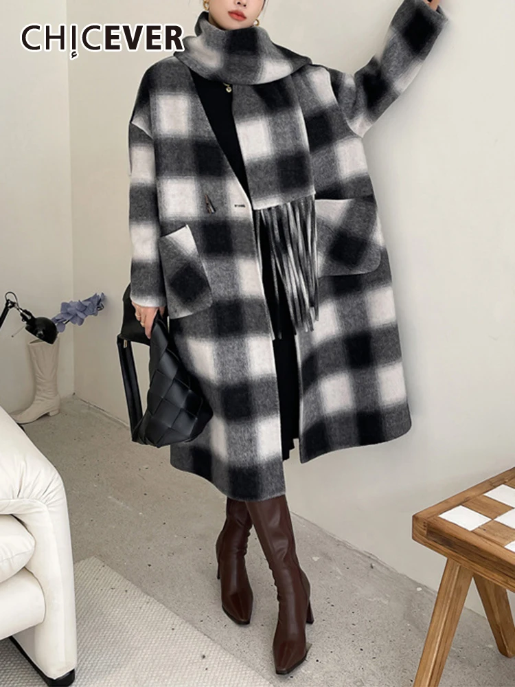 

CHICEVER Plaid Colorblock Coats For Women V Neck Long Sleeve Single Button Patchwork Pockets Autumn Vintage Fashion Coat Female
