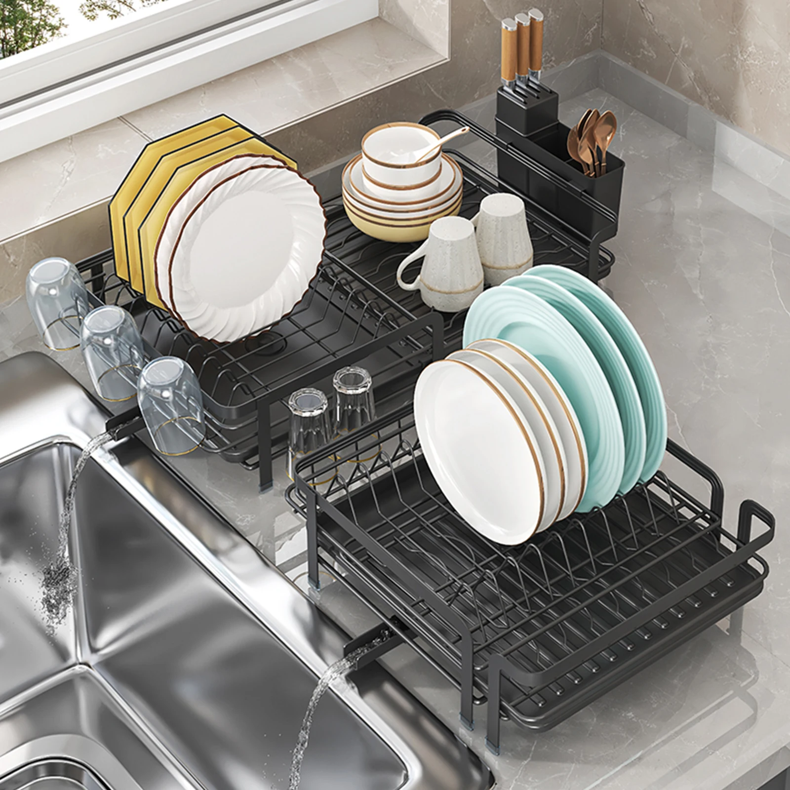 Expansion Dish Storage Rack,Kitchen dish rack with drained set,Kitchen organizer storage,Metal storage rack for Tableware 5
