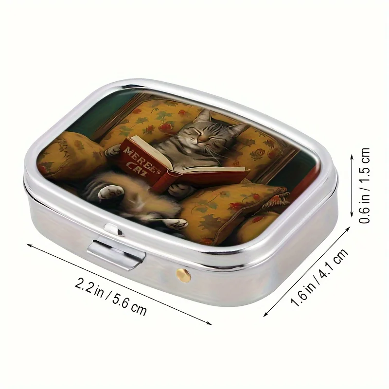 Cute Cat Pattern Metal Medicine Box with 2 Compartments, Portable Medicine Finishing Box, Suitable for Wallet and Travel