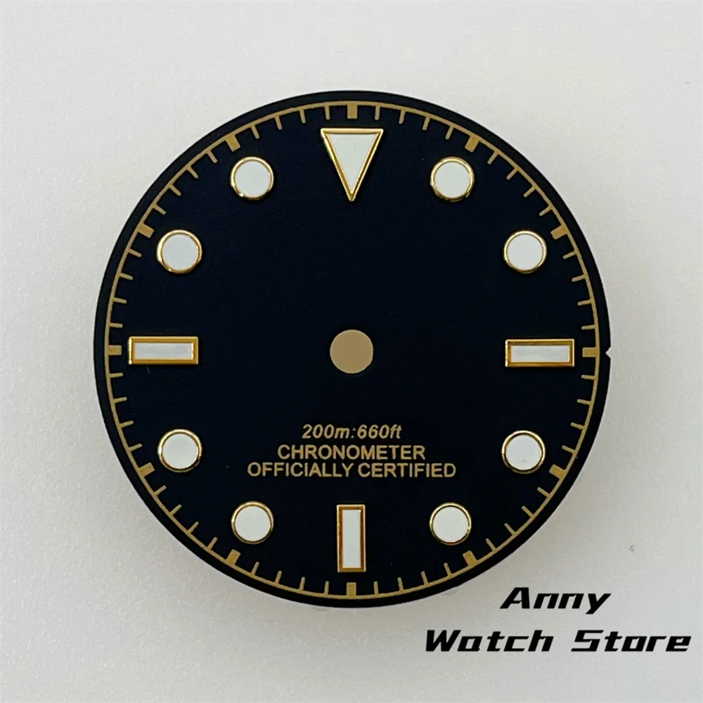 Vintage 29mm Watch Dial with Black, Brown, and Dark Blue Design Featuring Rose Gold Edging and Green Luminous Markers