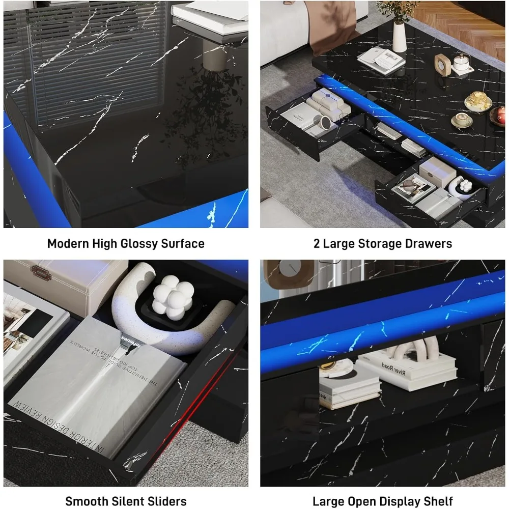 LED Coffee Table Modern High Glossy 47.2 Inch with Sliding Drawers, Double-Layer Center Table, LED Lights for Living Room Decor