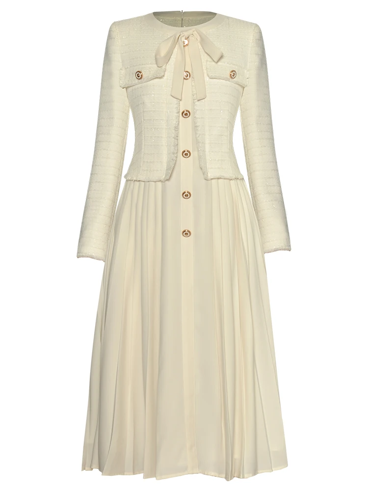 

Runway New Female Autumn High Quality Fashion Party Milky White Blue Pleated Elegant Girls Sweet Casual Long Sleeved Midi Dress