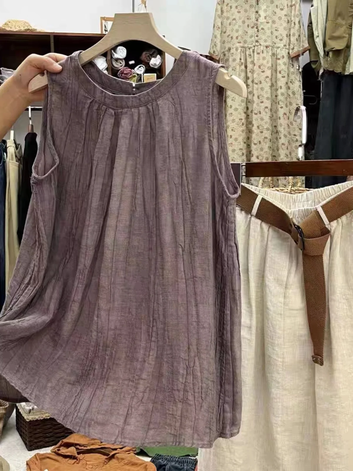 Retro Artistic Hemp Cotton-Linen Loose Women's Vest Svel Summer New Sle Faion Pleated Top Casual Versatile Outerwear