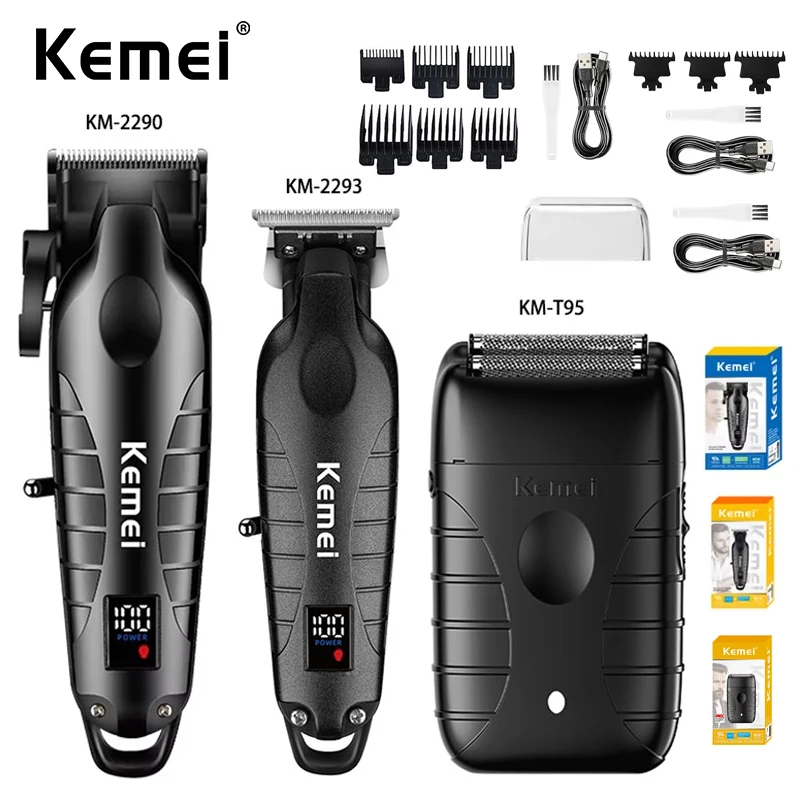 케메이 KM-2290 KM-2293 KM-T95 전문 이발기 전기 면도기 헤어 트리머 LCD 디스플레이 남성용 헤어 클리퍼 키트