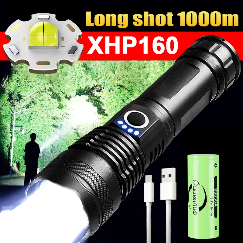 고출력 LED 손전등, 슈퍼 브라이트, USB 충전식 토치, 26650 줌, 강력한 플래시 라이트, 캠핑 전술 랜턴, XHP160