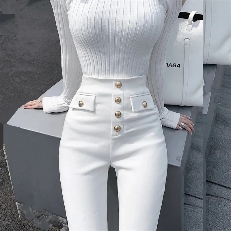 

Women's Korean Version Elastic Tight High Waisted Trousers Pencil Pants 2023 Spring Summer Autumn Add Velvet Warm Lady Jeans