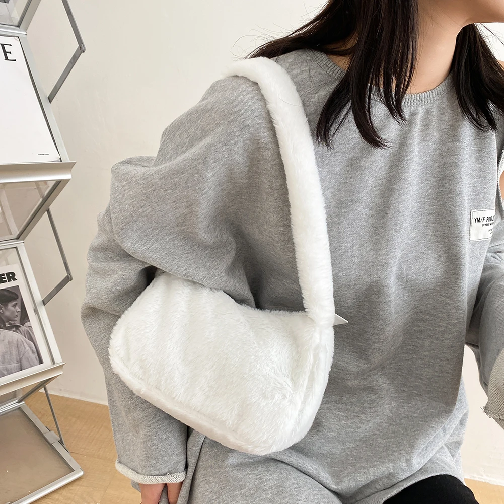 Fashion Plush Fluffy Shoulder Crossbody Handbags Vintage Women Solid Color Underarm Bag Portable Square Travel Street Purse