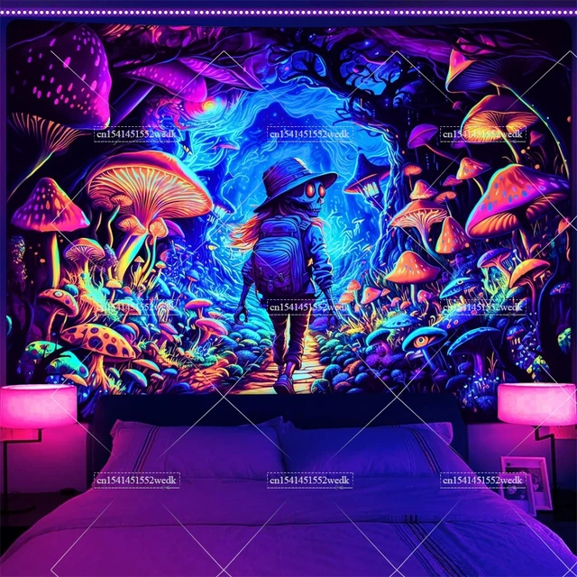Tapisserie de champignons à lumière noire, crâne Hippie réactif aux UV, tenture murale des yeux, tapisserie de forêt, affiches qui brillent dans la nuit 1