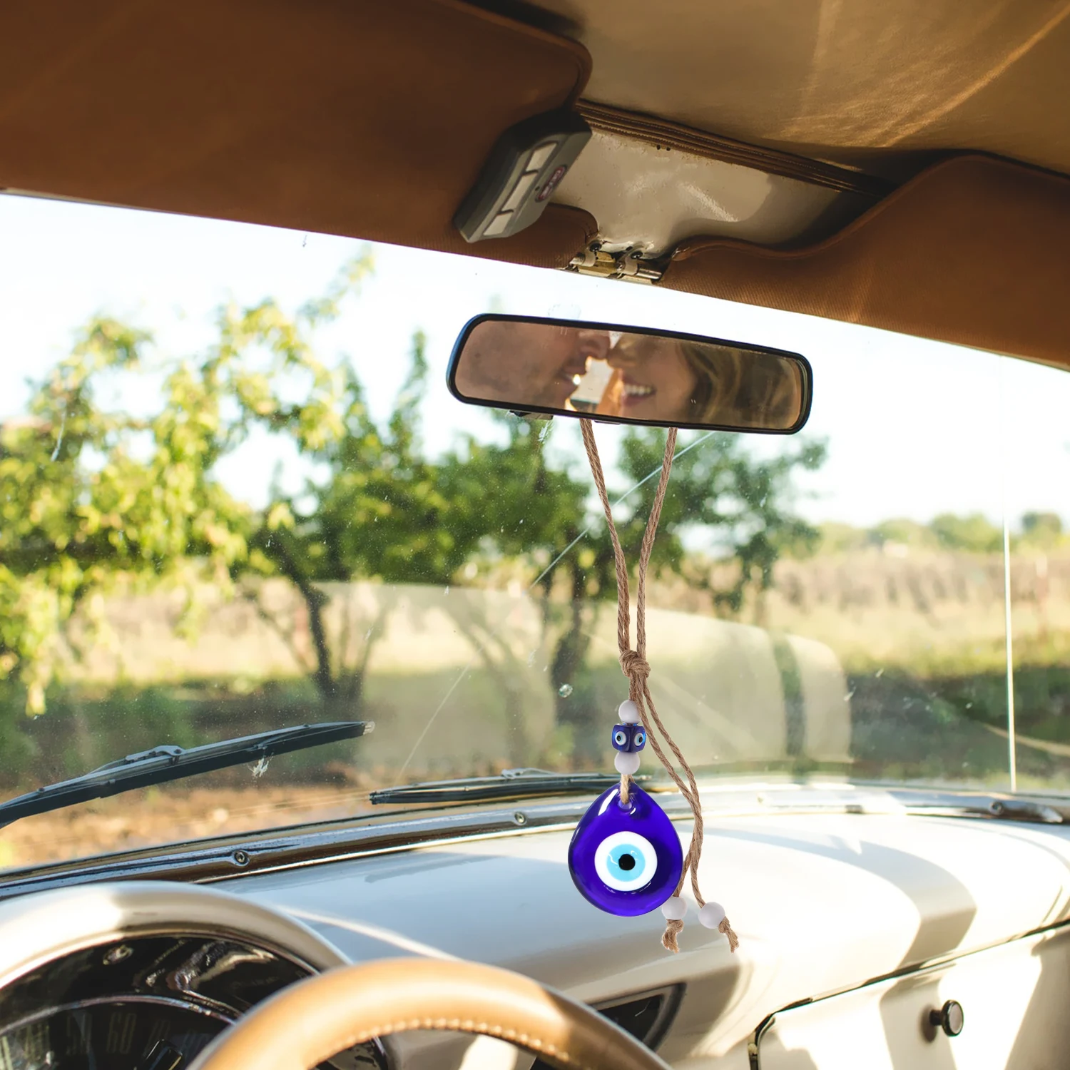 Navy Blue Hanging Car Charm Ornament for Rear View Mirror in Glass Blessing Ornament Evil Eye Reflect Negative Energy Ornament