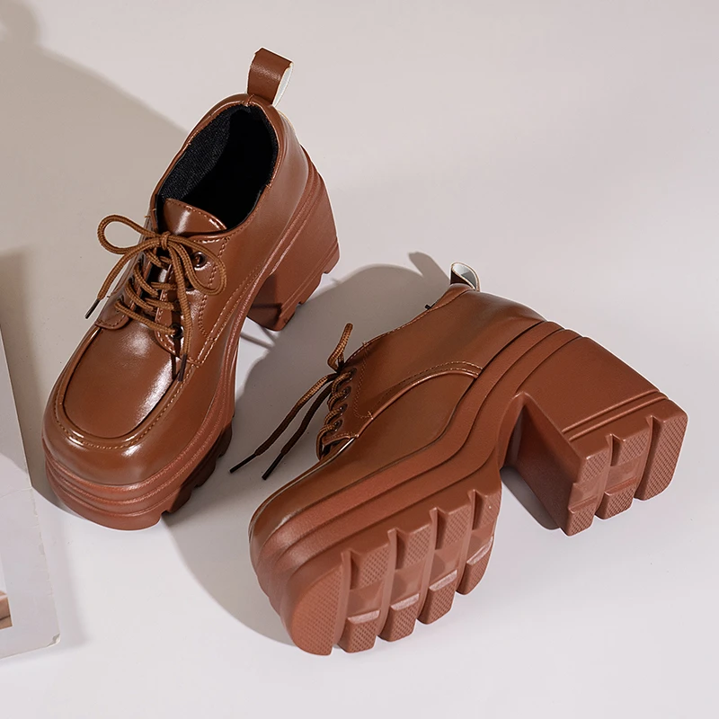 Women Heels Platform Square Lace Up Party Role Play Uniform Dress Shoe Fashion High Trifle Base Leather Loafers Lolita Mary Jane 2