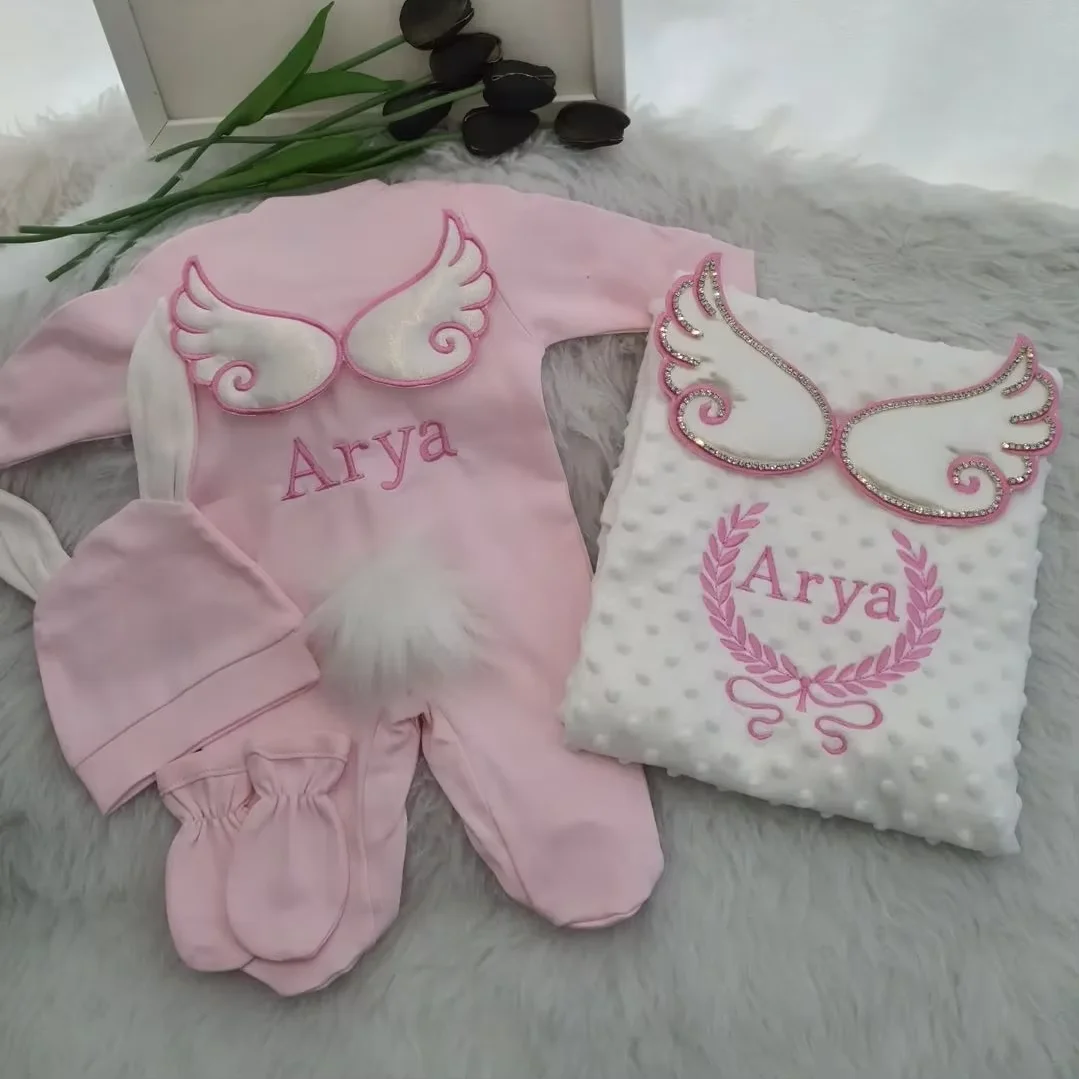 Hospital Exit Newborn Wings Romper & Swaddle Set - Embroidered Blanket and Nursery Bedding Collection