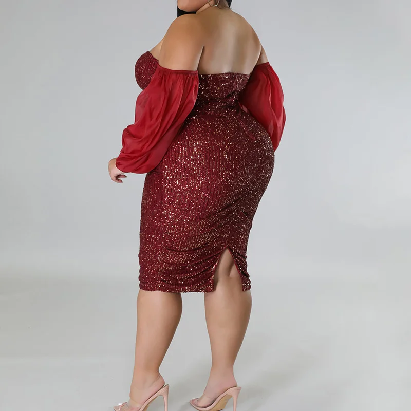 Nightclub Fashion Off Shoulder Sequined Sexy Patchwork Gauze Long Sleeve Spring Summer Zipper Bag Hip Plus Size Dress for Women