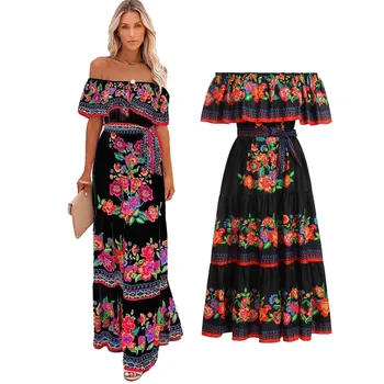 Beach Holiday Party Traditional Ethnic Wear Off Shoulder Floral Print Women Mexican Dress 1