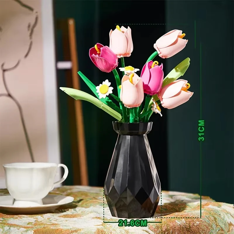 장미 튤립 꽃 모델 빌딩 블록 세트 3D 꽃다발 브릭 DIY 어린이 장난감 홈 데코레이션 성인용 소녀들을 위한 휴일 선물